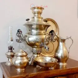 سماور ذغالی 7 لیتری برنجی مدل استکانی آینه ای با سرویس کامل برنجی برنزی، ضخیم و قابل استفاده