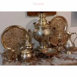 سماور ذغالی برنجی 6 لیتری قلم دست و همراه با سرویس 14 تکه بسیار با کیفیت و ورق ضخیم