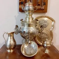 سماور ذغالی 6 لیتری قلم دست دوبل هواکش، کل سرویس تمام برنجی با ورق ضخیم