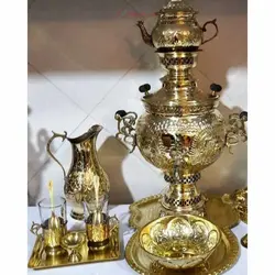 سماور 6 لیتری ذغالی دوبل هواکش، همراه با سرویس کامل برنجی، ورق ضخیم
