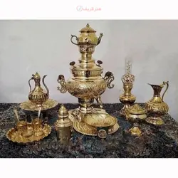 سماور ذغالی برنجی 6 لیتری همراه با سرویس کامل با کیفیت بالا و ورق ضخیم، بسیار زیبا