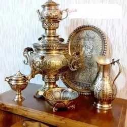 سماور ذغالی برنجی 6 لیتری، مدل عدسی، دسته ماهی با ضمانت برنج اصل و سرویس 5 تکه