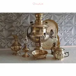 سماور ذغالی برنجی 7 لیتری خط دار، همراه با سرویس 7 تکه، ضخیم و قابل استفاده