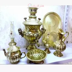 سماور ذغالی برنجی 4 لیتری، قابل استفاده با کیفیت، ست 5 تکه و برنج اصل ضخیم