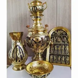 سماور ذغالی 6 لیتری برنجی، سرویس 5 تکه، بسیار زیبا و خاص، سیاه قلم و آبکاری طلا، رنگ ثابت