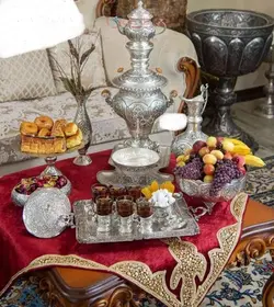 ست سماور برنجی 5 لیتری، روکش نقره، بسیار با کیفیت و طراحی زیبا و خاص، با ضمانت