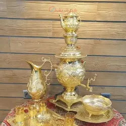 سماور برقی 6 لیتری آب طلا، همراه چایخوری قلم نقره، قلمزده قلم استاد، با کیفیت و شکیل و زیبا