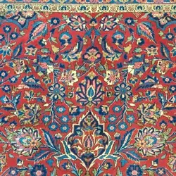 فرش دستباف آنتیک قزوين طرح لچک و ترنج سایز قالي رنگ زمینه لاكي رنگ حاشیه سرمه اي کد ۳۹۵۶۱