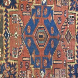 فرش دستباف آنتیک لري اولاد طرح ۴ ترنج سایز قالي رنگ زمینه سرمه اي رنگ حاشیه كرم کد ۳۹۷۰۶