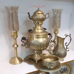 سماور 6 لیتری برنجی با قلم زنی دست استاد، بسیار زیبا، با کیفیت و همراه سرویس