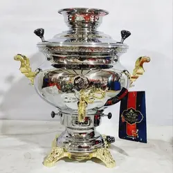 سماور برنجی 8 لیتری مهسان، ساده دسته پایه طلایی، کارشده با ورق ضخیم و با کیفیت بالا