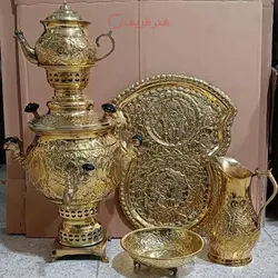 سرویس سماور 4 لیتری برنجی، با قلم زنی اعلاء دست استاد، با ورق ضخیم و ماندگار، کیفیت تضمینی