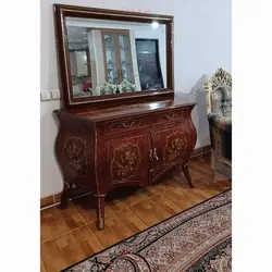 آینه کنسول خمره ای دو در، چوب روس، روکش کاواز، معرقکاری شده، برنز برنج، داخل درب دو طبقه