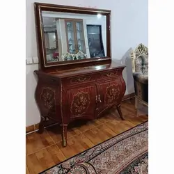 آینه کنسول خمره ای دو در، چوب روس، روکش کاواز، معرقکاری شده، برنز برنج، داخل درب دو طبقه