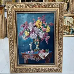 تابلو فرش دستبافت تبریز طرح گل طولی چله ابریشم، بسیار زیبا و خوش بافت، مناسب دکور منزل