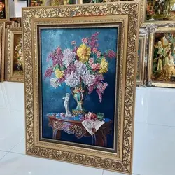 تابلو فرش دستبافت تبریز طرح گل طولی چله ابریشم، بسیار زیبا و خوش بافت، مناسب دکور منزل