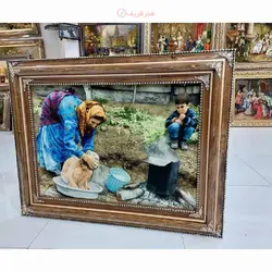 تابلو فرش دستبافت تبریز طرح حمام عشایر، چله ابریشم و رج 50، مارکدار، رنگ طبیعی و درجه 1