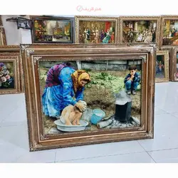 تابلو فرش دستبافت تبریز طرح حمام عشایر، چله ابریشم و رج 50، مارکدار، رنگ طبیعی و درجه 1