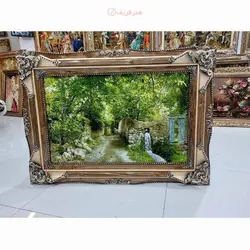 تابلو فرش دستبافت تبریز طرح کوچه باغ، مارکدار، کف ابریشم، خوش طرح و رنگ طبیعی زیبا