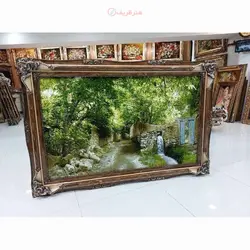 تابلو فرش دستبافت تبریز طرح کوچه باغ، مارکدار، کف ابریشم، خوش طرح و رنگ طبیعی زیبا
