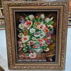 تابلو فرش دستبافت تبریز طرح گل طولی، خوش رنگ و زیبا، مناسب دکور منزل و محل کار، چله ابریشم