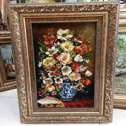 تابلو فرش دستبافت تبریز طرح گل، چله ابریشم، رج 50، با کیفیت بالا و ضمانت، مناسب دکور منزل