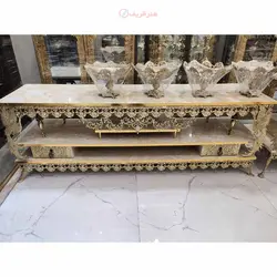 میز تلویزیون طرح طاووس برنزی، گل رز قالب اصلی، دارای دو کشو، طرح سنگ، مناسب تی وی 70 اینچ