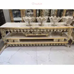 میز تلویزیون طرح طاووس برنزی، گل رز قالب اصلی، دارای دو کشو، طرح سنگ، مناسب تی وی 70 اینچ