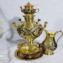 سرویس سماور 6 لیتری، جهان نما زغالی، قلم زنی گل و مرغ طلایی رنگ ثابت، با ورق ضخیم و با کیفیت