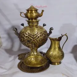 سماور برنجی 6 لیتری زغالی، جهان نما قلم زنی گل و مرغ ،آنتیک ست کامل، بسیار زیبا و با ورق ضخیم