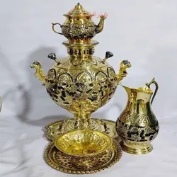 سماور 6 لیتری جهان نما زغالی، قلم زنی گل و مرغ طلایی، رنگ ثابت، بسیار با کیفیت و با دوام