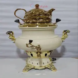 سماور ۶ لیتری گازی برنجی نسترن رنگی برند اوژن مشهد رنگ کوره ای  چراغ جدید شعله اجاق گازی