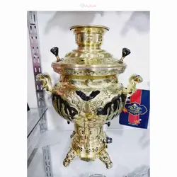 سماور ۸ لیتری مهسان گازی برنجی، سیاه قلم سرباز ، استفاده شده از ورق ضخیم، با کیفیت و با دوام