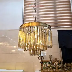 لوستر کریستالی 6 لامپ برنجی، بسیار زیبا و شیک، سه ردیف کریستال، برنج اصل