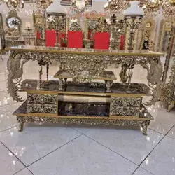 میز تلویزیون برنجی، مدل گل سرخ، برنج اصل، رویه های گلاس، بسیار زیبا و شیک، با ضمانت کیفیت