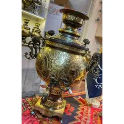 سرویس سماور شش توپی دسته توری طرح قلم پایه مربع بزرگ، رنگ ثابت، ورق ضخیم، کیفیت درجه یک