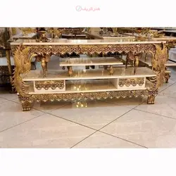 میز تلوزیون دو کشو طرح طاووسی ام دی اف با طراحی جدید و بسیار زیبا و خاص با کیفیت اعلا و روکش برنز