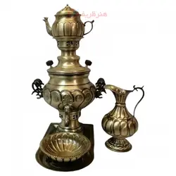 سرویس سماور ذغالی 5 پارچه برنجی مدل گل ظرفیت 3 لیتر