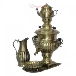 سرویس سماور زغالی 5 پارچه برنجی مدل استکانی ظرفیت 4 لیتر