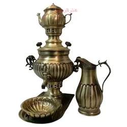 سرویس سماور زغالی 5 پارچه برنجی مدل عدسی ظرفیت 3 لیتر