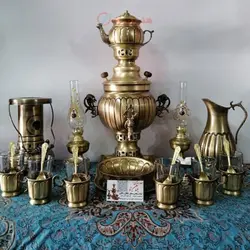 سرویس سماور زغالی برنجی آتشی ۲۰ پارچه ظرفیت 3 لیتر