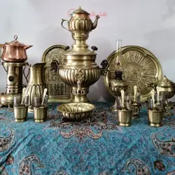 سرویس سماور زغالی ۲1 پارچه برنجی ظرفیت 3/5 لیتر + قابلمه مسی