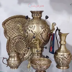 سرویس کامل سماور گازی مدل جهان نما حجم 6 لیتری قلمزنی گل و مرغ بسیار با کیفیت