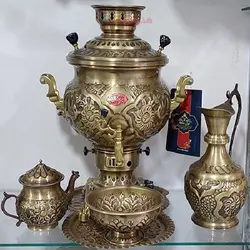 سرویس سماور 8 لیتری مهستان ورق ضخیم و قلمزنی گل و مرغ بسیار تماشایی