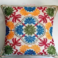 کاور کوسن سوزندوزی  مدل گل ابی با پارچه کتان درجه یک کد 1-10 زیر قیمت بازار