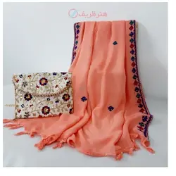 شال سوزن دوزی رنگ گلبهی دوخت عالی و ظریف مدل چهار پر  کد 010