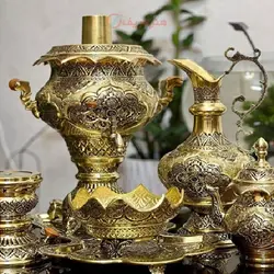 سرویس سماور ذغالی 6 لیتری اعلا قلمزنی اسلیمی و ورق ضخیم برنجی
