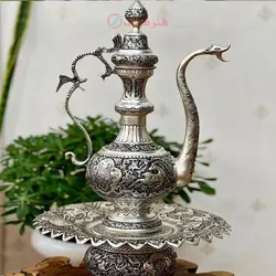 آفتابه لگن قلمزنی شده طرح مرغ، گل و آهو، ساخته شده با ورق برنجی ضخیم و اعلا