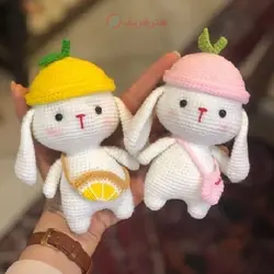 عروسک دستبافت کاموایی خرگوش لیمویی و هلویی، بچه خرس با رنگ ثابت