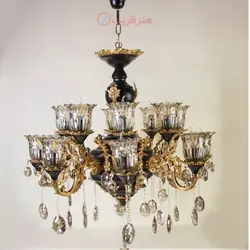 لوستر 8 شاخه دوبل، بدنه برنزی و رنگ مشکی فورتیک طرح چلچله بزرگ